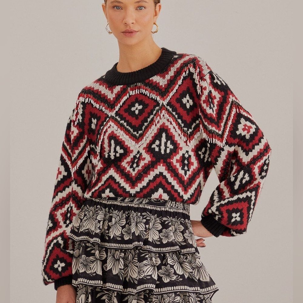 Farm Rio NWT Sweater Rauti Beaded Knit Sweater Size Medium Aztec Aspen Southwest